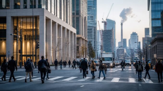 Commuters cross a city business district street as office towers, trucks and construction cranes illustrate the U.S. economy and a slowing hiring engine.