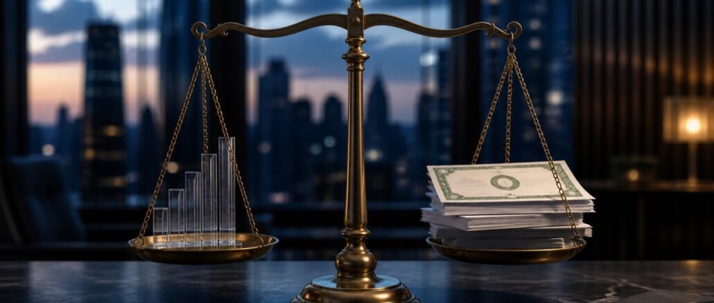 A brass balance scale weighing rising glass market bars against a stack of financial papers in a city office.