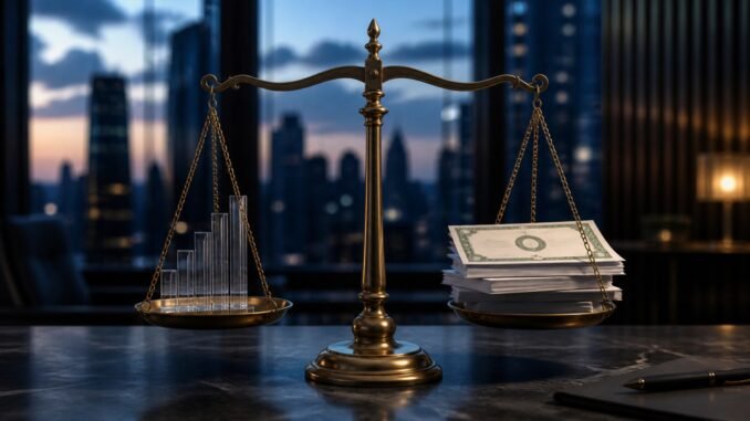 A brass balance scale weighing rising glass market bars against a stack of financial papers in a city office.