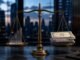 A brass balance scale weighing rising glass market bars against a stack of financial papers in a city office.