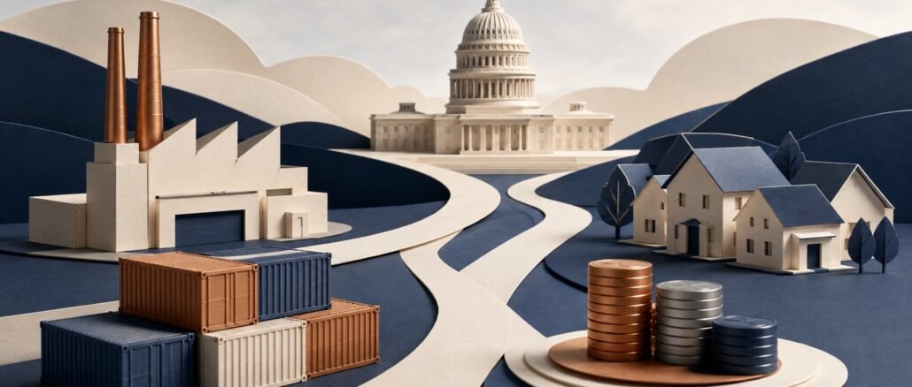 Editorial illustration of the U.S. Capitol connected by winding paths to a factory, cargo containers, homes and stacks of metallic discs.