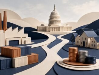 Editorial illustration of the U.S. Capitol connected by winding paths to a factory, cargo containers, homes and stacks of metallic discs.