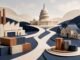 Editorial illustration of the U.S. Capitol connected by winding paths to a factory, cargo containers, homes and stacks of metallic discs.