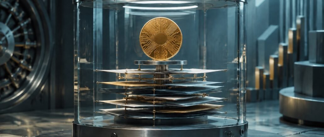 An abstract gold digital-asset coin held above layered corporate securities inside a transparent institutional vault.