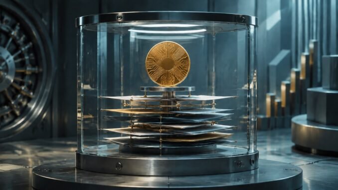 An abstract gold digital-asset coin held above layered corporate securities inside a transparent institutional vault.