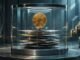An abstract gold digital-asset coin held above layered corporate securities inside a transparent institutional vault.