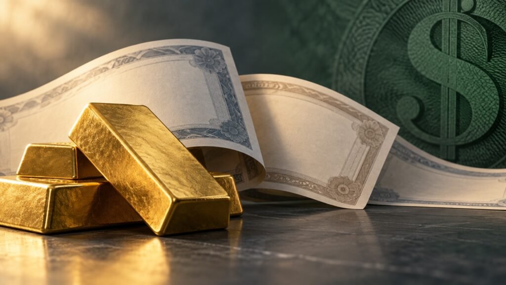 Gold bars beside unmarked bond certificates against a muted green dollar motif