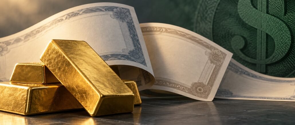 Gold bars beside unmarked bond certificates against a muted green dollar motif