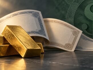 Gold bars beside unmarked bond certificates against a muted green dollar motif