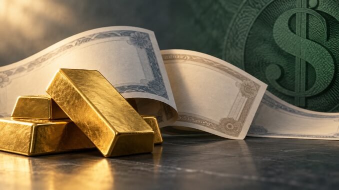 Gold bars beside unmarked bond certificates against a muted green dollar motif