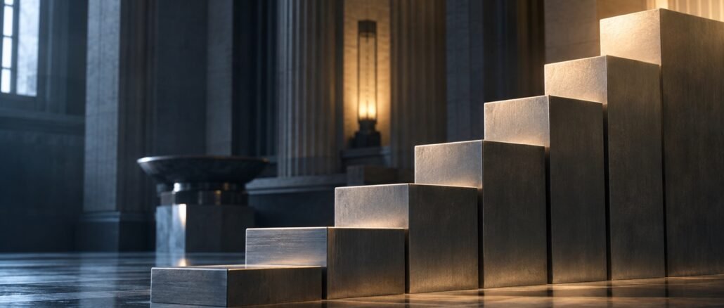 Rising brushed-metal steps in a restrained central-bank interior, representing higher interest rates.