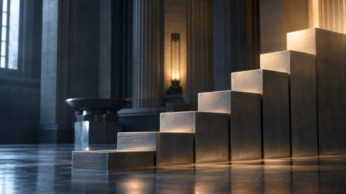 Rising brushed-metal steps in a restrained central-bank interior, representing higher interest rates.