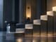Rising brushed-metal steps in a restrained central-bank interior, representing higher interest rates.