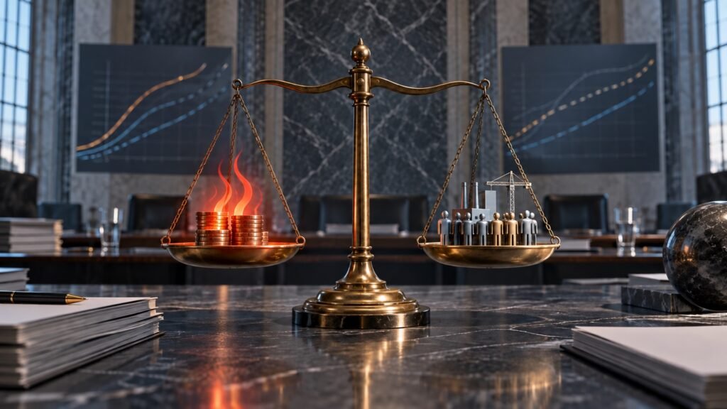 A brass balance scale weighs heated coins symbolising inflation against workers and industrial activity in an institutional policy room.