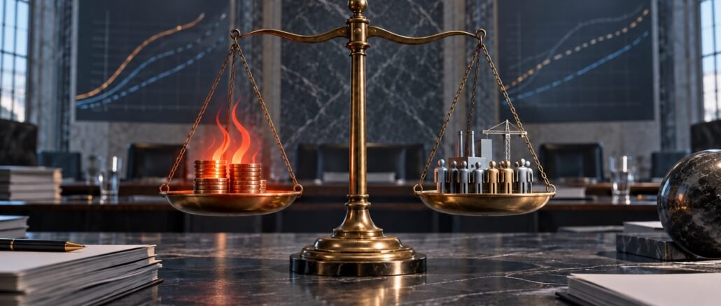 A brass balance scale weighs heated coins symbolising inflation against workers and industrial activity in an institutional policy room.