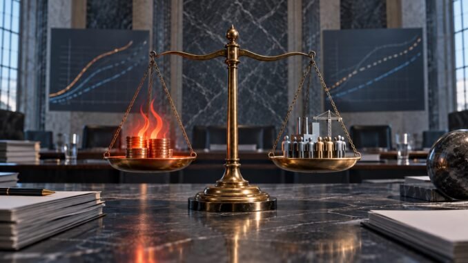 A brass balance scale weighs heated coins symbolising inflation against workers and industrial activity in an institutional policy room.