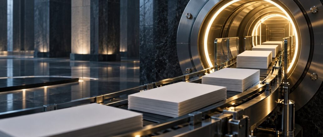 Blank collateral documents moving through a secure illuminated financial-processing system, symbolising liquidity backstops.