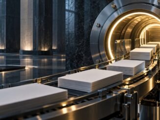 Blank collateral documents moving through a secure illuminated financial-processing system, symbolising liquidity backstops.