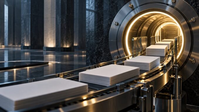 Blank collateral documents moving through a secure illuminated financial-processing system, symbolising liquidity backstops.