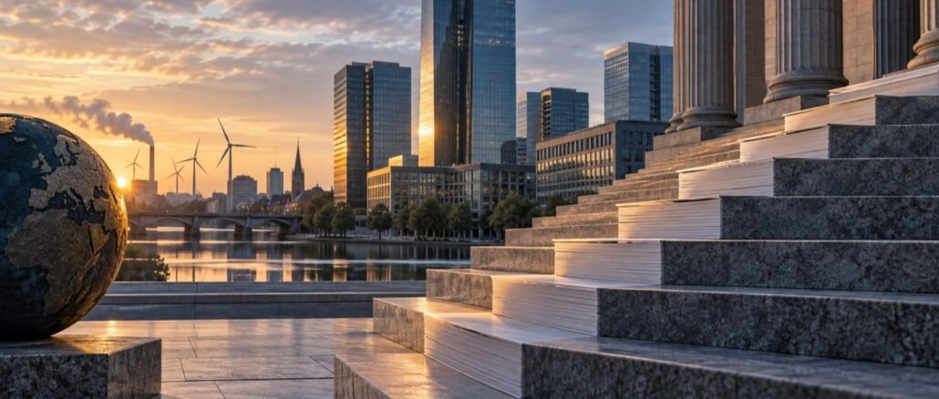 European financial district at dawn with stone steps, stacked papers and energy infrastructure symbolising higher interest rates and inflation pressure.