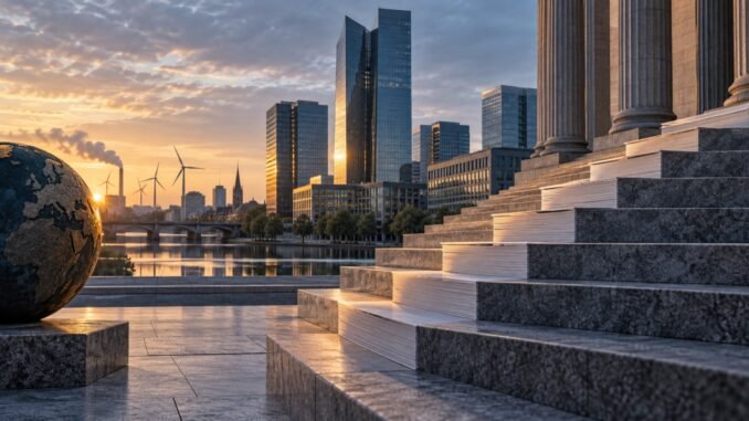 European financial district at dawn with stone steps, stacked papers and energy infrastructure symbolising higher interest rates and inflation pressure.