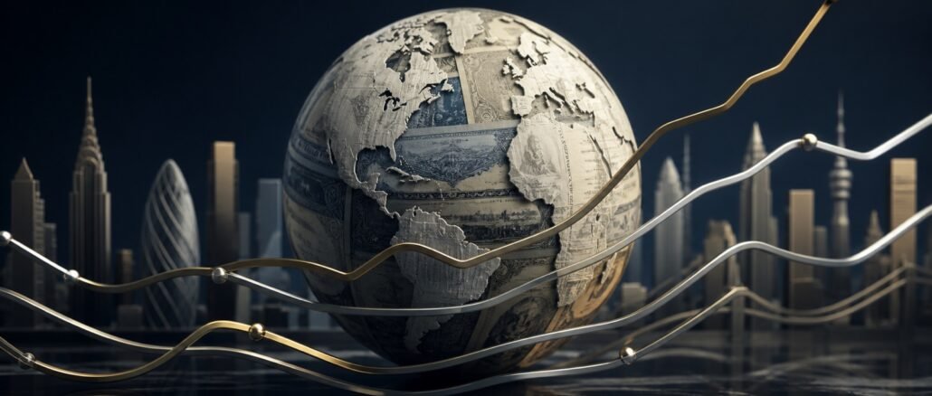 A globe made from bond-paper textures surrounded by diverging metallic yield curves against a dark global financial skyline.