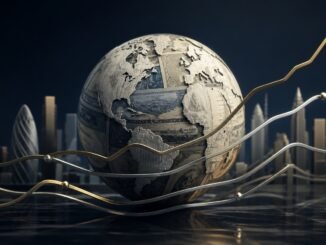 A globe made from bond-paper textures surrounded by diverging metallic yield curves against a dark global financial skyline.