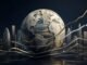 A globe made from bond-paper textures surrounded by diverging metallic yield curves against a dark global financial skyline.
