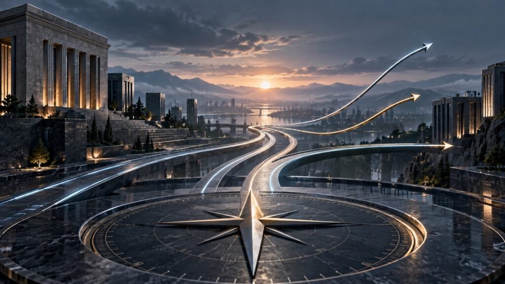 Metallic paths diverging above a compass-like financial landscape, representing different interest-rate expectations