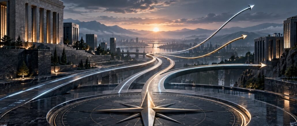 Metallic paths diverging above a compass-like financial landscape, representing different interest-rate expectations