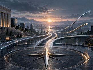 Metallic paths diverging above a compass-like financial landscape, representing different interest-rate expectations