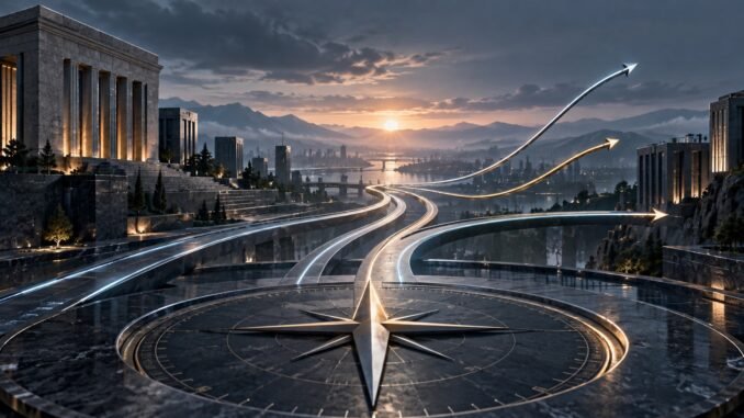 Metallic paths diverging above a compass-like financial landscape, representing different interest-rate expectations