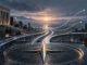Metallic paths diverging above a compass-like financial landscape, representing different interest-rate expectations