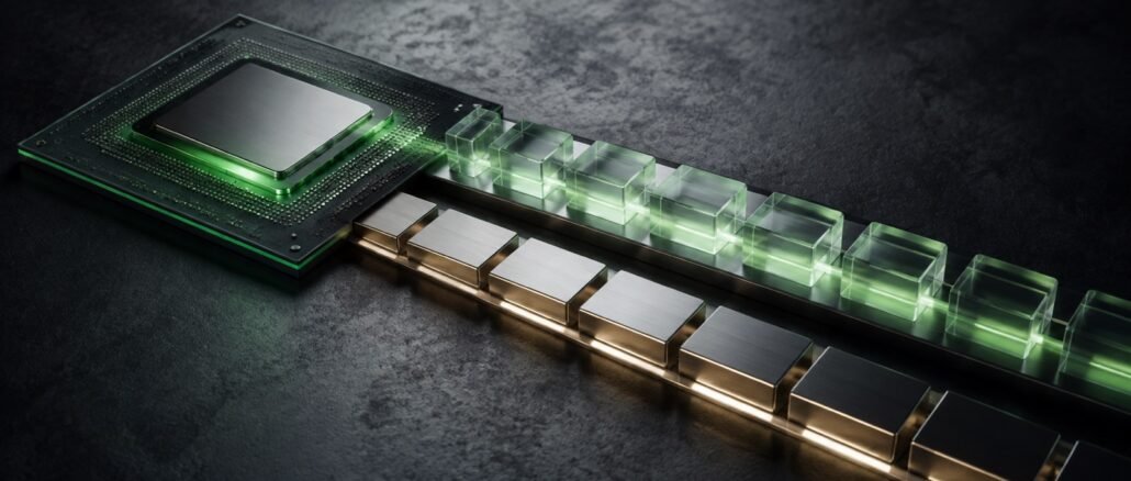 Conceptual illustration of a processor connected to parallel channels of glass and metal blocks, representing accounting earnings and cash flow.