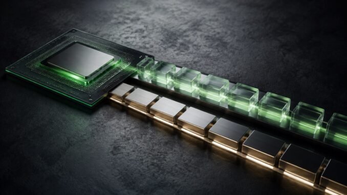 Conceptual illustration of a processor connected to parallel channels of glass and metal blocks, representing accounting earnings and cash flow.
