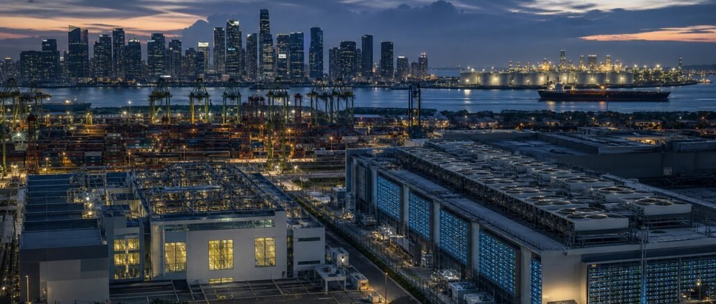 Singapore’s skyline, container port, data-centre infrastructure and an oil tanker at blue hour, illustrating technology-led growth alongside imported energy costs.