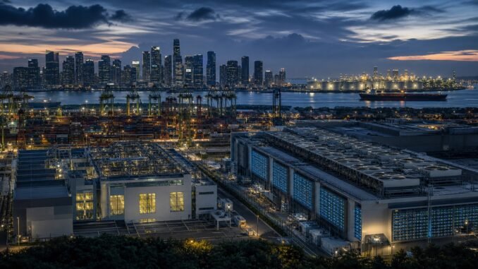Singapore’s skyline, container port, data-centre infrastructure and an oil tanker at blue hour, illustrating technology-led growth alongside imported energy costs.