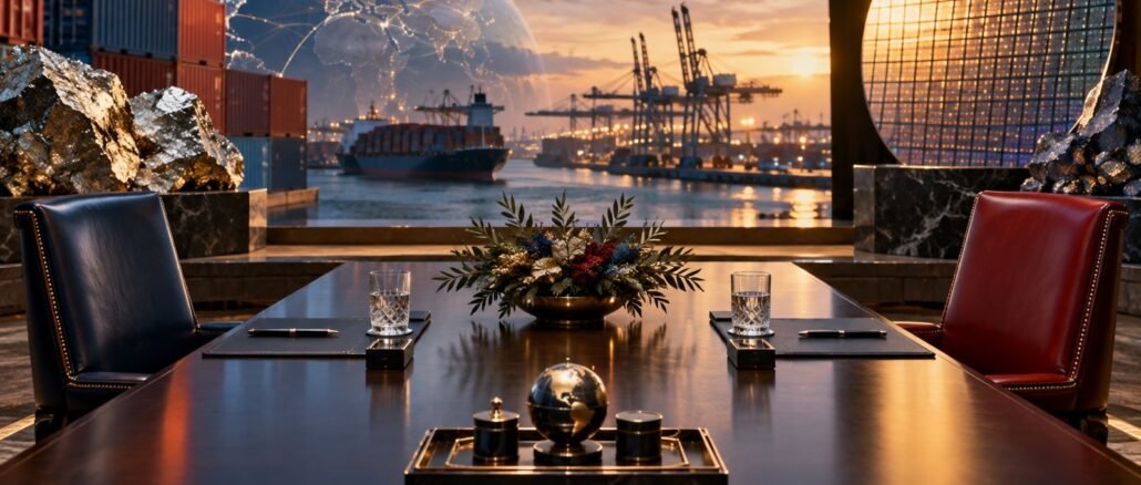 An empty diplomatic table overlooking a port, semiconductor wafer and mineral materials symbolising U.S.–China negotiations over trade, technology and critical minerals
