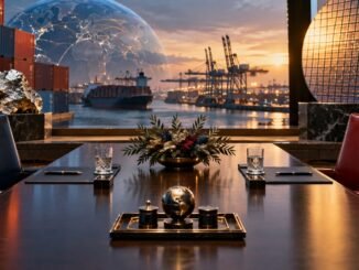 An empty diplomatic table overlooking a port, semiconductor wafer and mineral materials symbolising U.S.–China negotiations over trade, technology and critical minerals