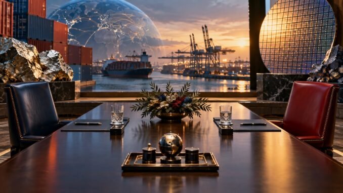 An empty diplomatic table overlooking a port, semiconductor wafer and mineral materials symbolising U.S.–China negotiations over trade, technology and critical minerals