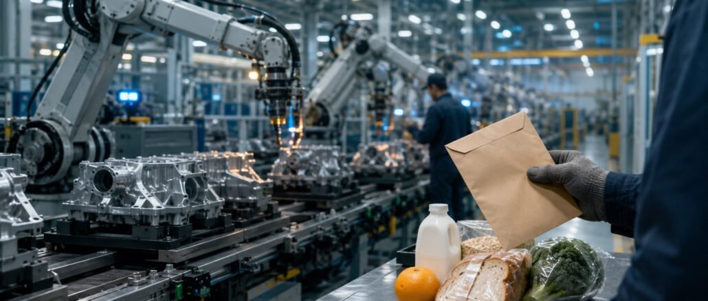 Automated machinery on a modern factory line beside a worker holding a pay envelope and basic groceries