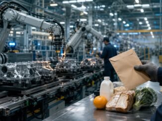 Automated machinery on a modern factory line beside a worker holding a pay envelope and basic groceries