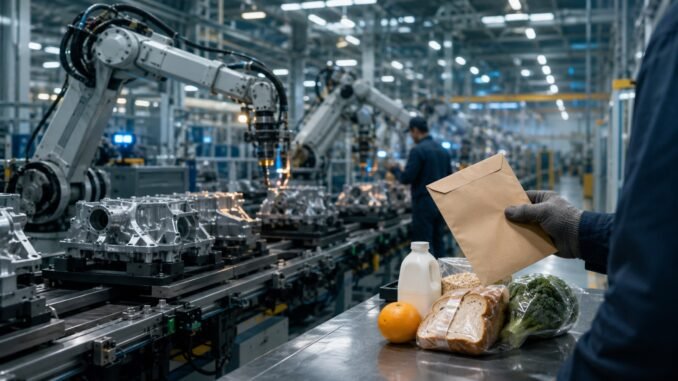 Automated machinery on a modern factory line beside a worker holding a pay envelope and basic groceries